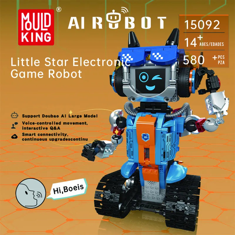 משחק הרכבה רובוט AI חכם עם מסך פנים אינטראקטיבי, שליטה קולית ואפליקציה, 580 חלקים – דגם Mould King 15092
